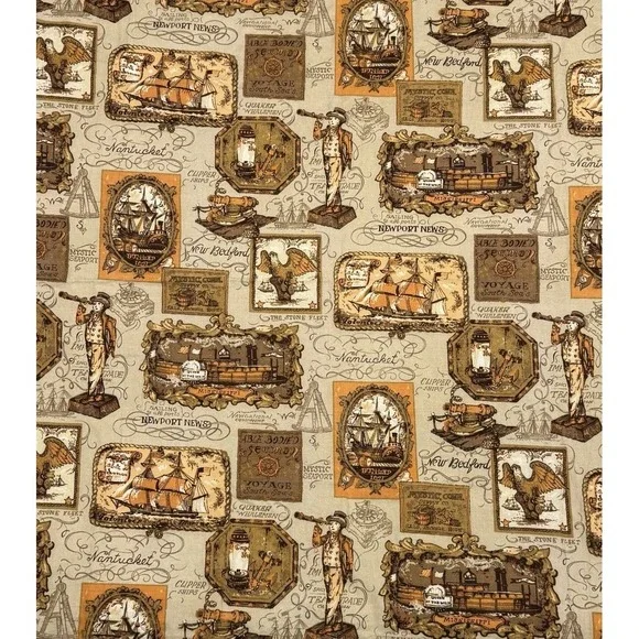 Vintage 1960s Richloom Nautical Fabric, Colonial, Whaling Ships 42x39 No Flaws