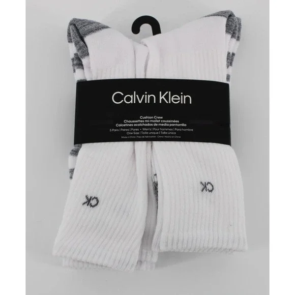 Calvin Klein Men's Size‎ 7-12 Cushion Crew Socks 5 Pairs White Gray Logo New