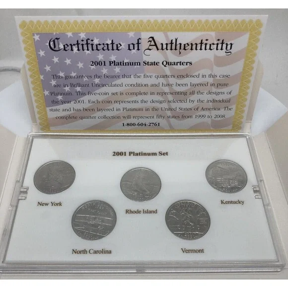 2001 Platinum Edition State Quarter Coin Collection 5 Coin Set with COA MINT .25