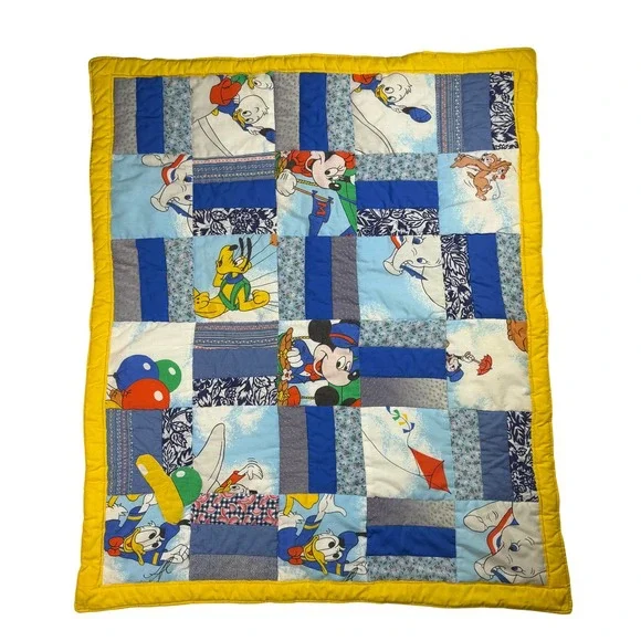 Disney Vintage Cottagecore Kids Patchwork Quilt Baby Blanket Blue Cotton Kidcore