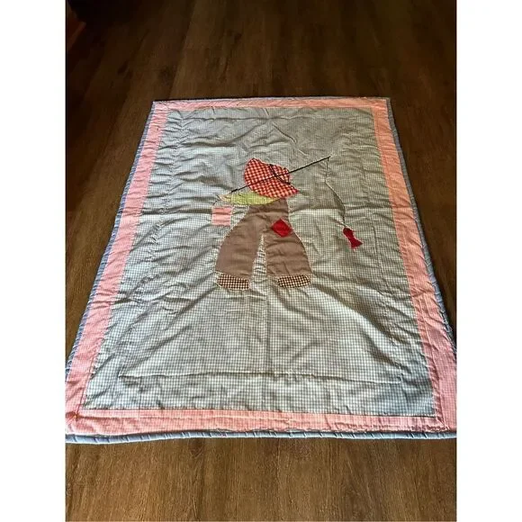 Vintage Handmade Plaid Fishing Child Quilt Blanket Decor 49”x37” Multi Color EUC