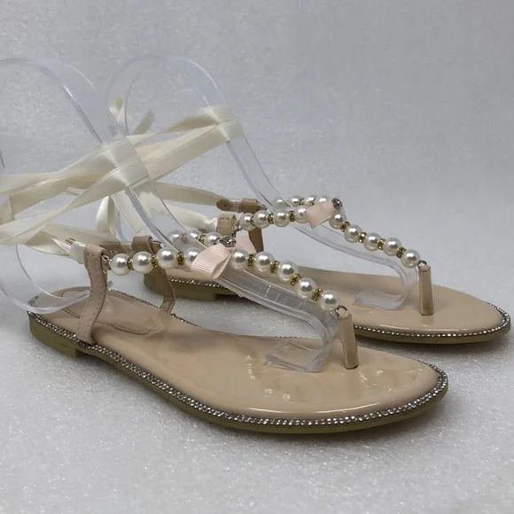 Kailee P Sandals Faux Pearl & Rhinestone Crystal Champagne Ankle Ribbon Size 33