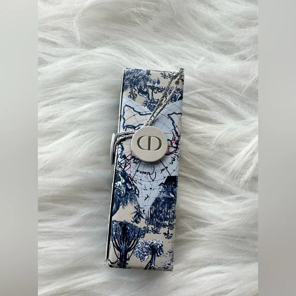 Dior Blue and White Patterned Box with Silver Clasp, red lipstick novelty.
