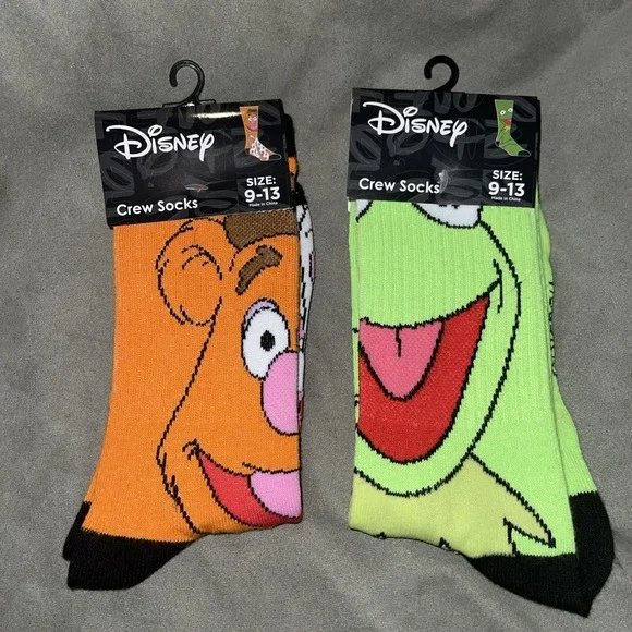 Lot 2 Pairs Disney Muppets Crew Socks Fozzie Bear Kermit The Frog Sz 9-13 NWT