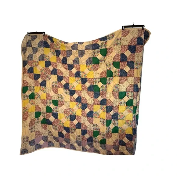 Vintage Handmade Hand stitched Patchwork Quilt Folk‎ Art Throw Blanket