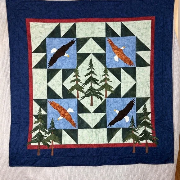 Handmade Wall Quilt Fiber Art, Eagles, Pine Forest Cabincore Lodge, Nature Lover