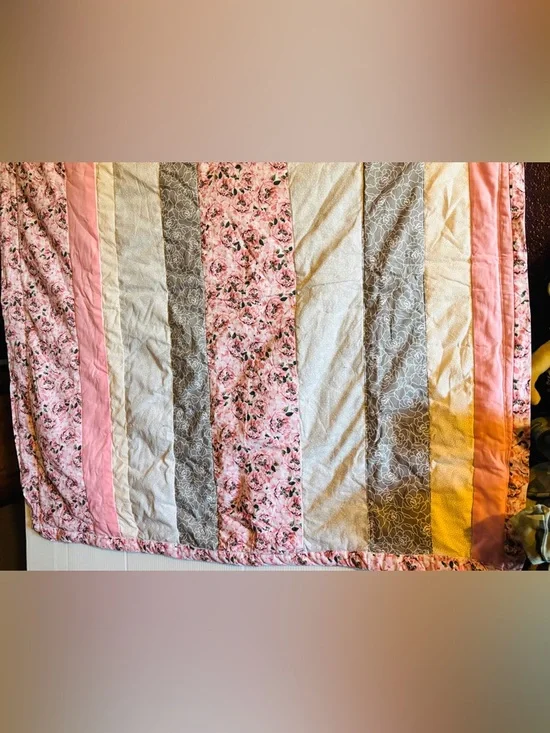 Handmade, baby Pink Floral and Gray Striped Quilt Panel 38 x 38“