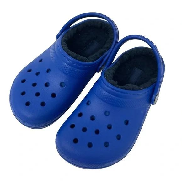 Crocs little boys Size 12 Classic comfy fur Lined Clog Sandals Blue Excellent