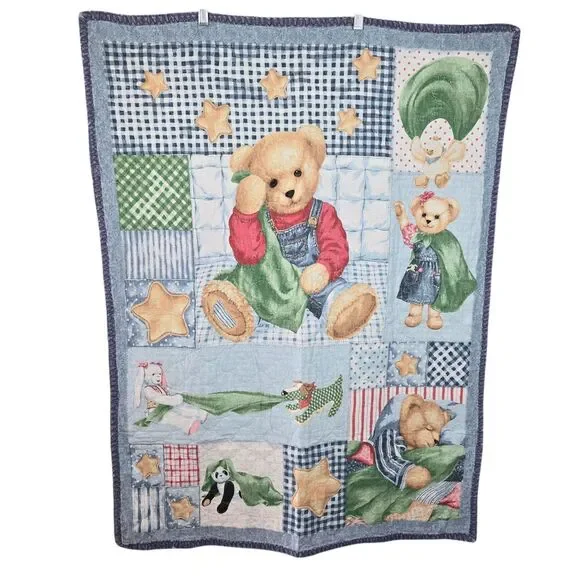 Vtg Blue Jean Teddy Bear Nursery Crib Quilt Baby Blanket Lovey 31.5
