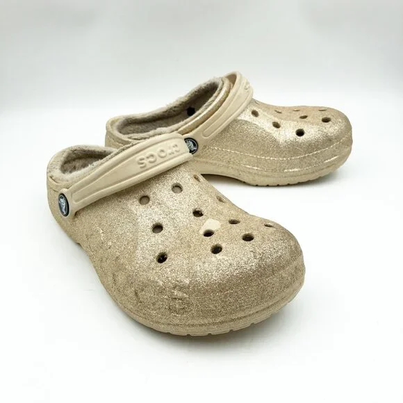 CROCS Gold Glitter Slip On Rubber Fur Lined Clogs Kids 3
