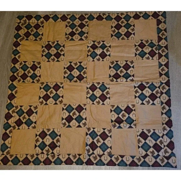 Vintage Handmade Cotton Patchwork Baby Blanket 35x35 Horse Horseshoe Cowboy West