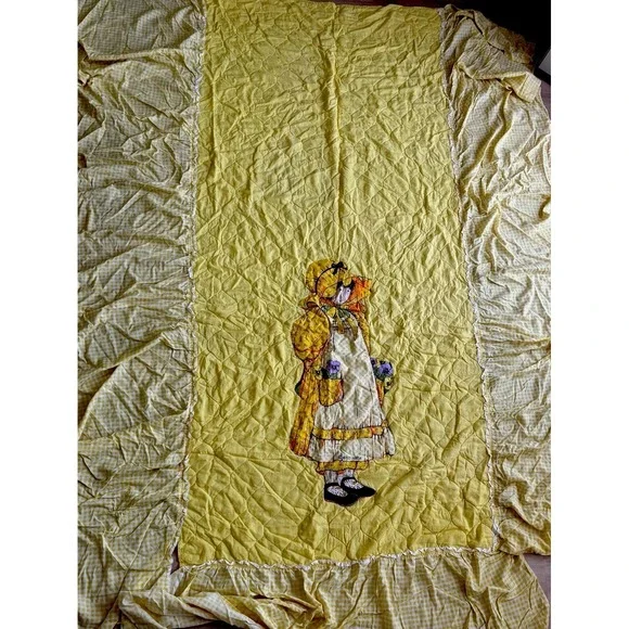 Vtg 70s Holly Hobby Thin Bedspread Cottagecore Prairie Yellow‎ Plaid Ruffle Twin