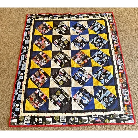 Vintage Handmade Patchwork Military Appreciation Quilt Lap/Baby Blanket  42”X48”