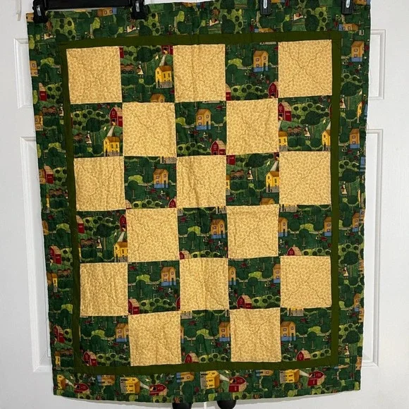 Handmade Lap‎ Quilt Cottacore Yellow Check Village Scene Green Border