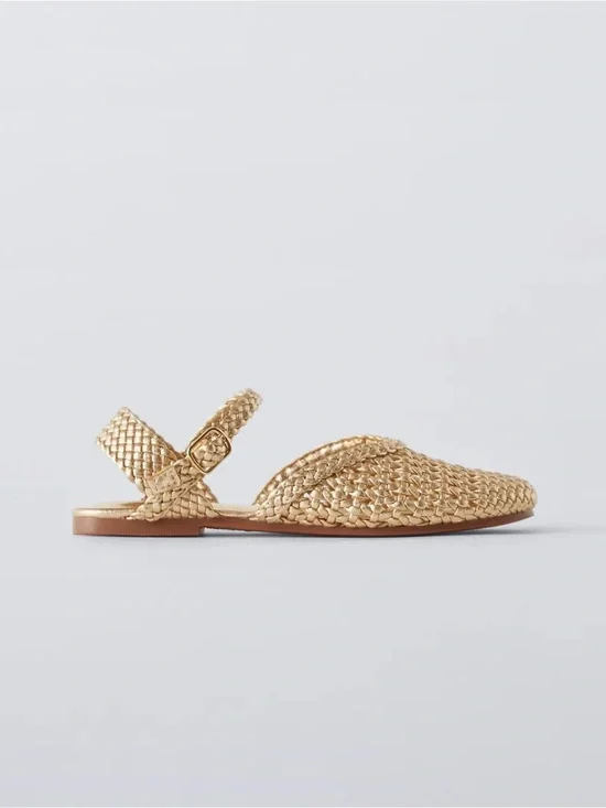 Zara Metallic Gold Woven Slingback Sandals