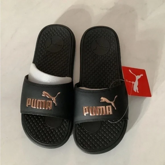 Puma Black and Gold Slide Sandals
