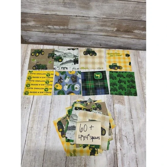 John Deere Cotton Fabric Bundle 4 Large Remnants & 60+ 4x4 Squares Quilting Lot