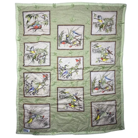 Vintage 80s Bird Botanical Tied Quilt Sage‎ Green Cotton Lap Blanket 42x50