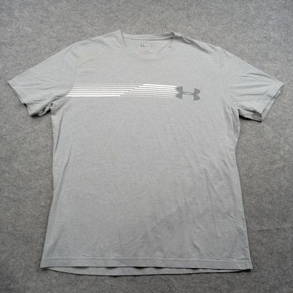Under Armour Shirt Mens Large Gray Stripe‎ Logo HeatGear Tee Tagless Athletic