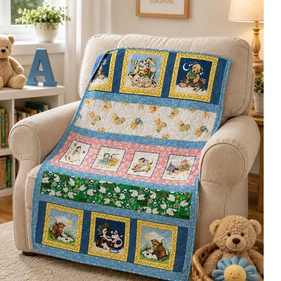 Handmade Baby Quilt Animal Patchwork Teddy Bear Kitten Sheep Blue Nursery 46x56