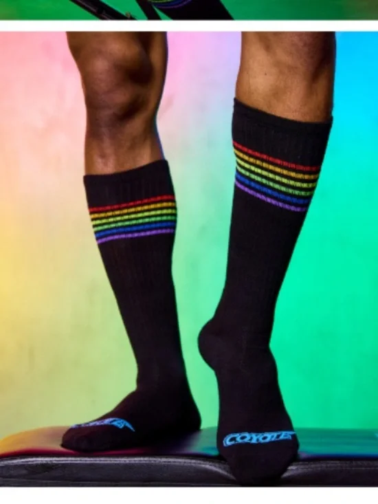 Black Athletic Knee-High Socks with Rainbow Stripes
