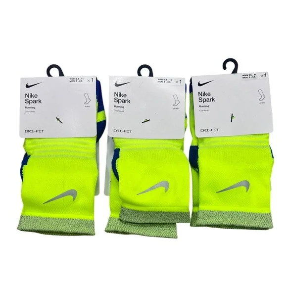3pk Nike Spark Running Ankle Socks Volt Yellow blue Dri-FIT‎ Mens 8-9.5 W 9.5-11