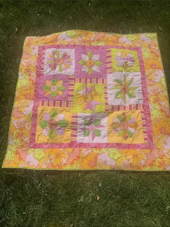 Floral Patchwork Quilt in Pink, Yellow & Green