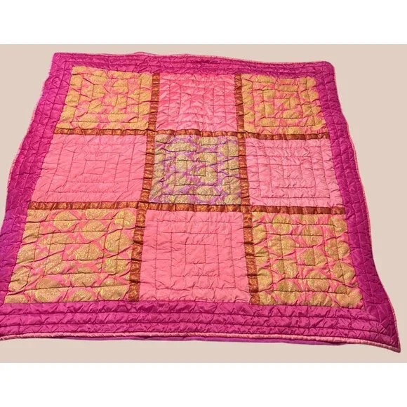 Handcrafted Pink & Gold Patchwork Quilt 43x43‎ Inches