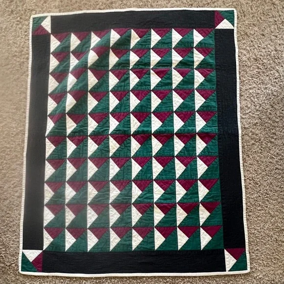 Handmade Patchwork Quilt Geometric Triangle Green Burgundy Black Lap Throw 47x38