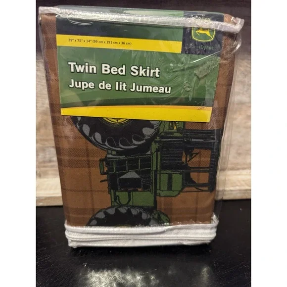 John‎ Deere Twin Bed Skirt Brown Plaid Tractor Farmhouse Bedding Collection NEW
