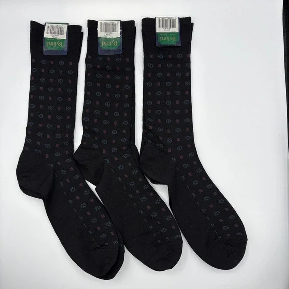 Byford Merino Wool Blend Dress Socks 3 Pair Lot Black Geometric Business Casual