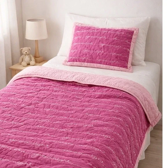 Vintage‎ Pink Goodnight Sleep Tight Quilt Set Twin Kids Coquette Bedding Sham