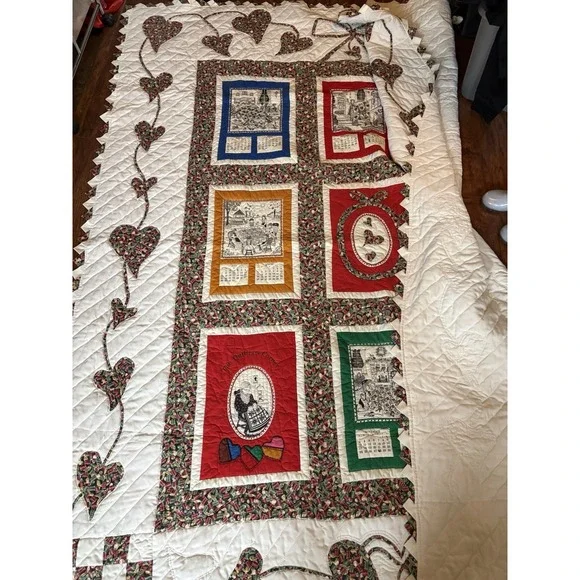 Handmade Embroidery Monthly Calendar Patchwork Quilt Wall Hanging Art 98x83