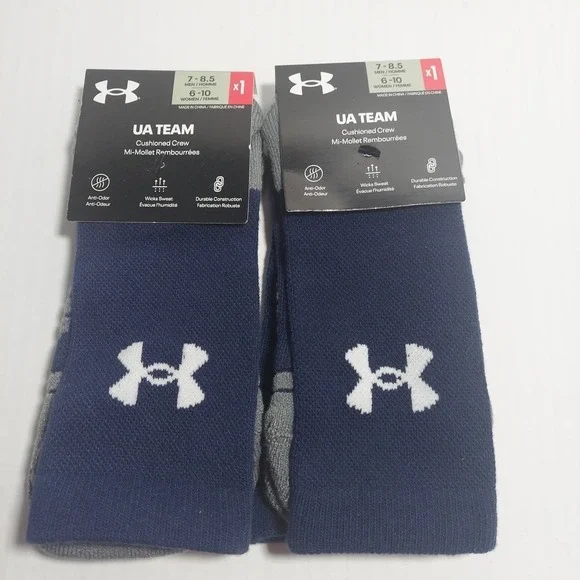 LOT OF 2 - Under Armour Adult Team Cushioned Crew Durable Socks M7-8.5/W6-10