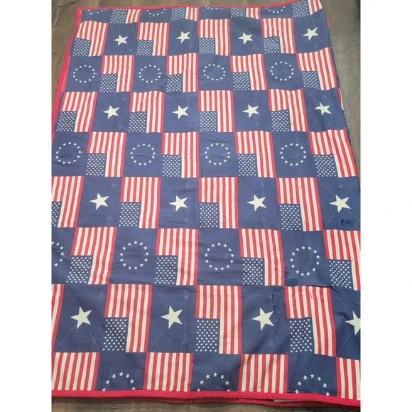 Vintage Guess Denim Patchwork Quilt American Flag Reversible Americana 70x100