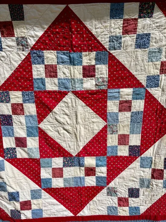 Vintage Red, White & Blue 9-Block Patchwork Quilt – Machine Stitched – 70