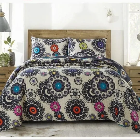 Boho Mandala Pattern Printed Queen Size Quilt Set Farmhouse Floral Cottage