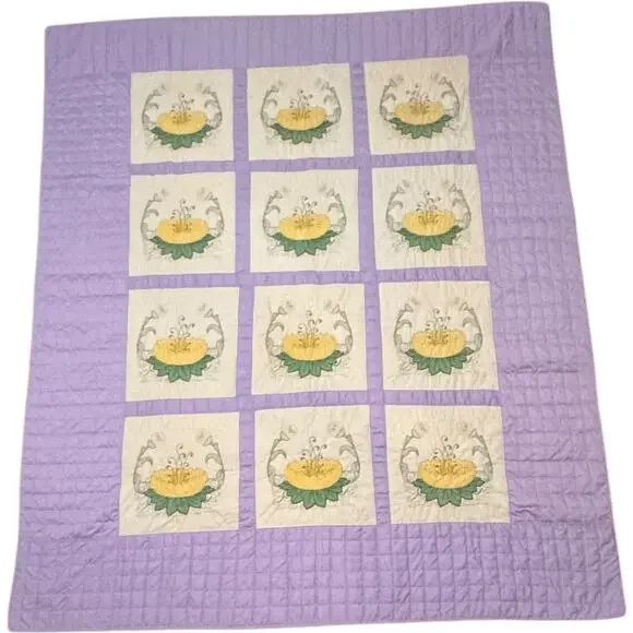 Handmade Floral Patchwork Quilt Lavender & Yellow 1970s Full/Queen 78x93
