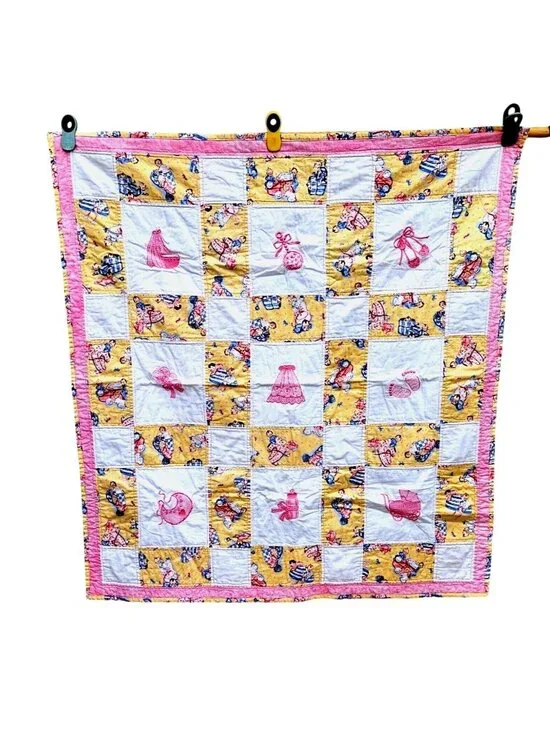 Vintage Baby Quilt Girl Pink Yellow Cotton Machine Embroidery 42x39