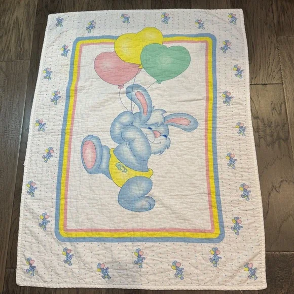 Vintage 80s Bunny Rabbit Balloons Baby Quilt Pastel Colors Nursery Decor Blanket