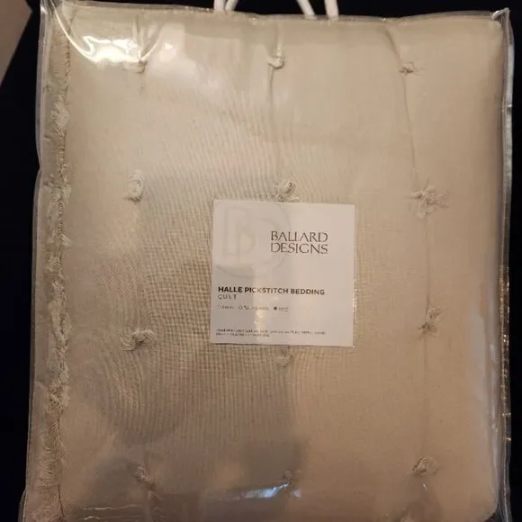 NEW Ballard Designs King Size Halle Pickstitch Bedding Quilt In Parchment