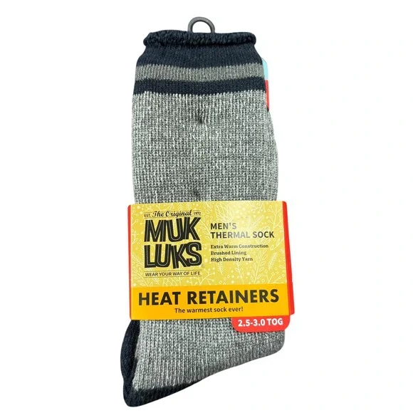 Muk Luks Heat Retainers Mens Thermal Socks Grey Navy 2.5-3.0 TOG One Size NWT