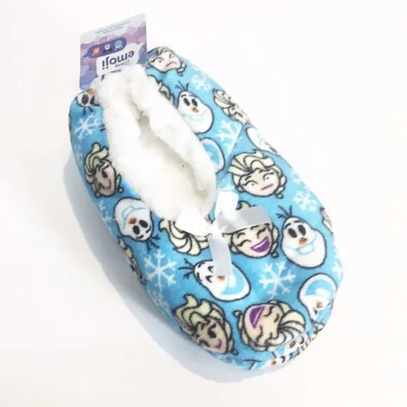 Frozen Disney Emoji Slippers‎ Socks Blue Elsa Olaf Fleece Sz Youth M/L 13-4