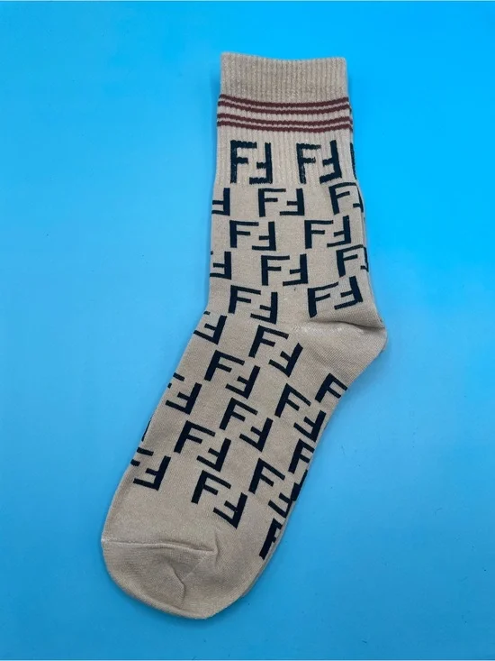 Fendi Beige Crew Socks with Black FF Monogram and Maroon Stripe