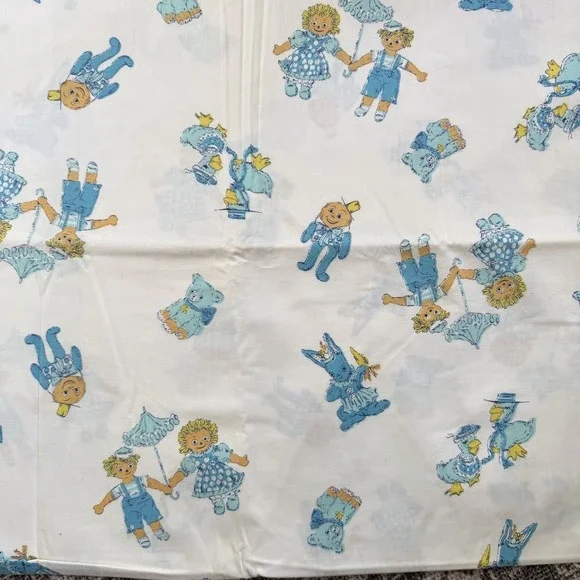 VTG Fabric Raggedy Ann Andy Humpty Dumpty Scary Bunny Mother Goose Blue  65x36