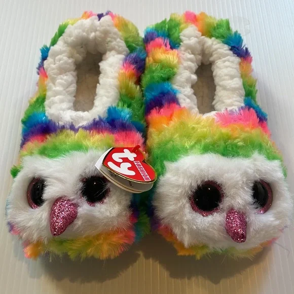 Owl Ty pink, blue, yellow & white fashion slippers - Owen size 4-6