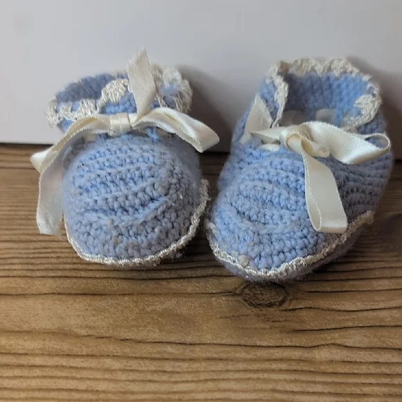 Vintage Crochet Handmade Blue Baby Booties with Ribbon