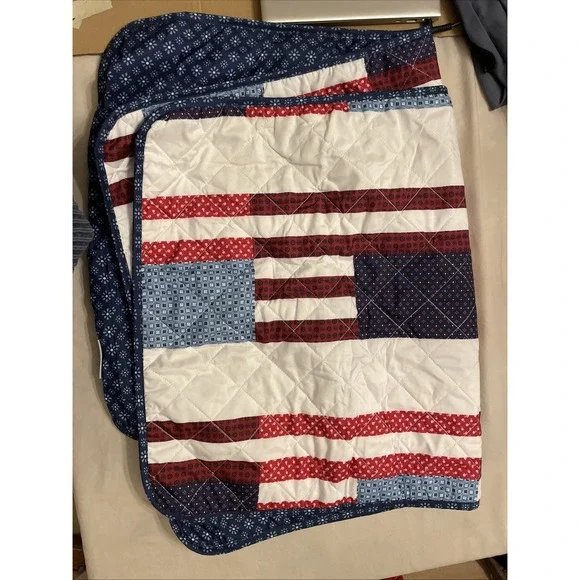 Pair New Matching‎ Pillow Covers King Quilted American Red White Blue Stripes
