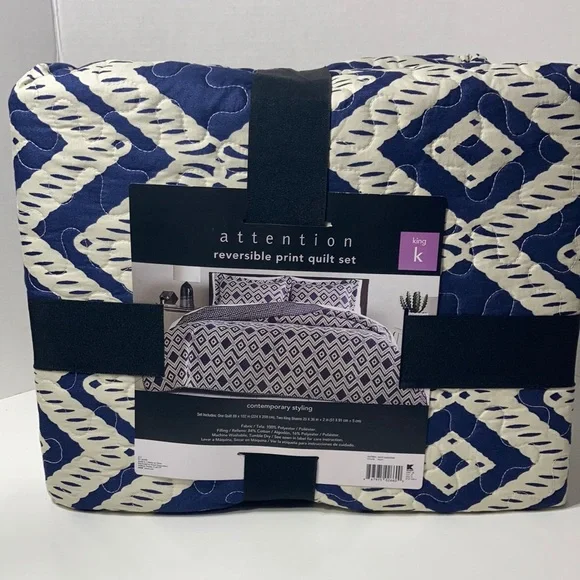 Attention Reversible Quilt Set King NWT Contemporary Styling Diamond Blue