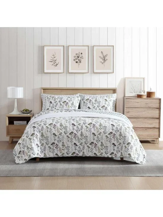 Reversible King Quilt Set - Cotton Bedding, Floral & Plaid Shams, Home Decor